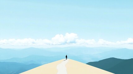 A lone figure stands on a minimalistic path, surrounded by vast mountains and a clear blue sky, symbolizing solitude and exploration.
