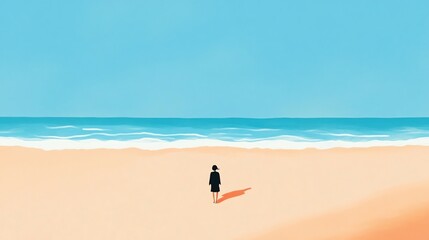 A solitary figure stands on a sandy beach, gazing at the tranquil ocean under a clear blue sky, evoking peace and reflection.