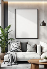 a white sofa with gray and black throw pillows, a large white picture frame on the wall, and a potted plant. Cozy modern living room with photo frame design