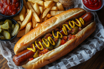 Overhead shot of a hot dog with mustard, ketchup and a side of fries