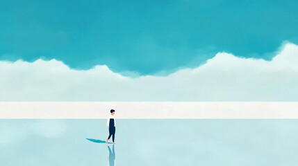 A serene figure stands alone against a vast blue sky and soft clouds, evoking feelings of solitude and reflection.