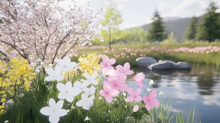 Serene Springtime Meadow with Blossoming Flowers and Stream