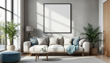 a white couch with blue throw pillows, a wooden coffee table, and two potted plants. Cozy modern living room with photo frame design