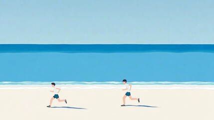 Obraz premium Two figures run along a serene beach, framed by a calm sea and clear sky, evoking a sense of freedom and vitality.