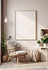 a large white picture frame hanging on the wall, a wicker chair with a pillow, a round table with a plant, and a shelf with books. Cozy modern living room with photo frame design