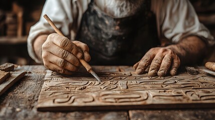 Master Craftsman Skillfully Carving Intricate Designs on a Beautiful Wooden Panel with Precision. Woodwork, Craftsmanship, Restoration Concept