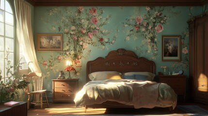 A bedroom with a floral wallpaper and a bed with a floral headboard. The room is bright and inviting, with a large window letting in plenty of natural light