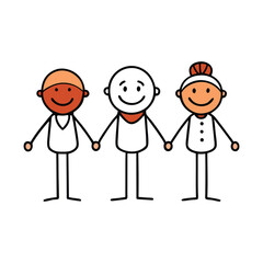 Stick figures of diverse races standing together, holding hands, symbolizing unity, inclusion, and racial equality, with a peaceful and empowering atmosphere.