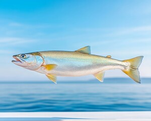 Fototapeta premium Freshly Caught Pacific Salmon Against Blue Ocean Background.
