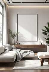 a large white sectional sofa, a wooden coffee table, a large blank picture frame, and a large window with white curtains. Cozy modern living room with photo frame design