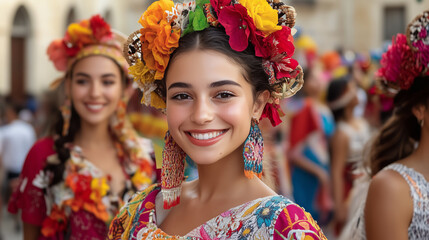 woman smiles happily during vibrant travel cultural festival in traditional outfits with colorful headdress and earrings woman is main focus of this moment of celebration