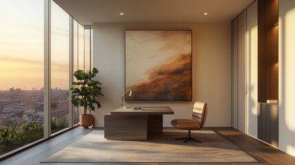 A small office with a desk and chair, a painting on the wall, and a potted plant. The room has a modern and minimalist design, with a focus on functionality and simplicity