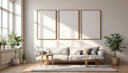 a white sofa with three empty picture frames above it, a coffee table, and two potted plants. Cozy modern living room with photo frame design