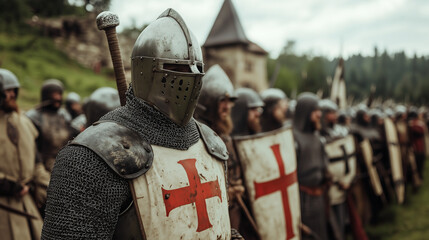 Fototapeta premium Many men in armor standing in formation showing their determined spirit wearing their metal helmets and holding shield with red cross symbol