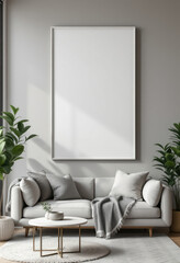 a gray sofa with gray pillows, a round coffee table, and two potted plants. Cozy modern living room with photo frame design
