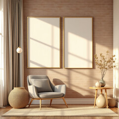 a gray armchair, a small side table with a vase of flowers, and two blank picture frames on the wall. Cozy modern living room with photo frame design