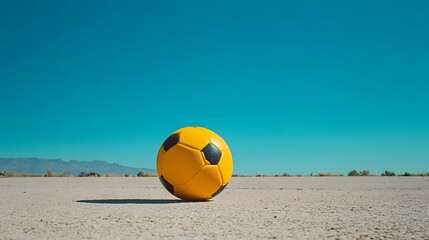 Obraz premium Yellow Soccer Ball on a Desert Plain under a Blue Sky