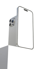 Smartphone closeup with blank screens display isolated on background. Mobile phone digital mockups on podium template for presentation branding, ads, UI, UX interface, website, gadget presenting