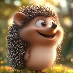 Fototapeta premium Adorable cartoon hedgehog in sunlit forest glade