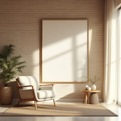 a white chair, a small side table with a vase of flowers, and a large blank picture frame on the wall. Cozy modern living room with photo frame design