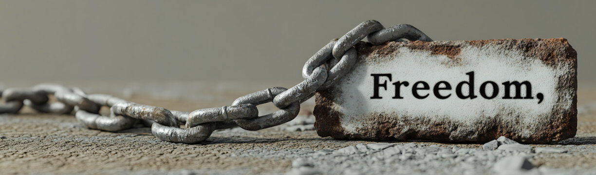 Rusty Chain and Freedom Sign on Weathered Surface