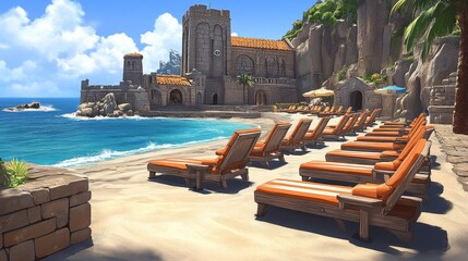 Fototapeta premium Coastal Italian Village Beach Scene with Luxurious Lounge Chairs