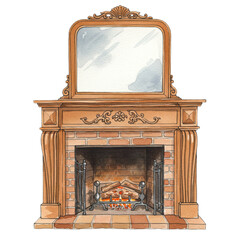 Elegant Wooden Fireplace Mantel with Mirror Cozy Home Decor Warm Logs Room Brick House Design Autumn