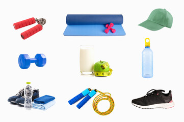 Different sport equipment isolated on white background.