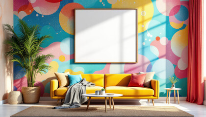 a vibrant, colorful wall with a large, blank white picture frame hanging above a yellow couch. Cozy modern living room with photo frame design