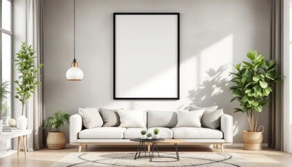 a white sofa with three pillows, a coffee table, and two potted plants. Cozy modern living room with photo frame design