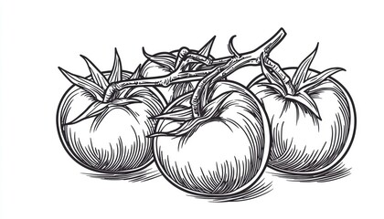 A black-and-white illustration of four tomatoes on a vine.