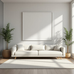 a white sofa with three pillows, a large white picture frame on the wall, and two potted plants on either side of the sofa. Cozy modern living room with photo frame design