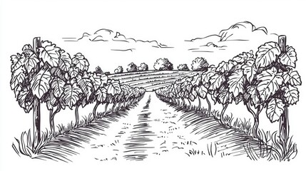 A hand-drawn illustration of a vineyard path lined with grapevines and trees.