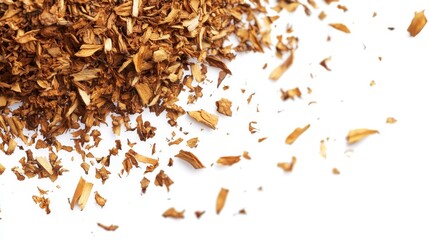 broken scattered cigarettes, tobacco, close-up on a white background concept