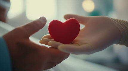 Obraz premium A hand in a glove offers a red heart shape to another hand, symbolizing care, compassion, and connection in a nurturing context.
