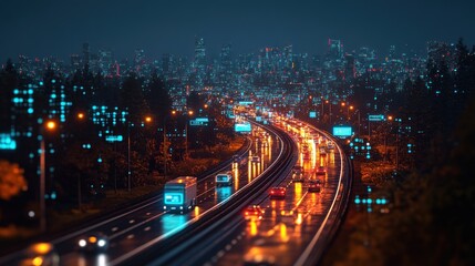 Fototapeta premium Night highway traffic with city skyline.