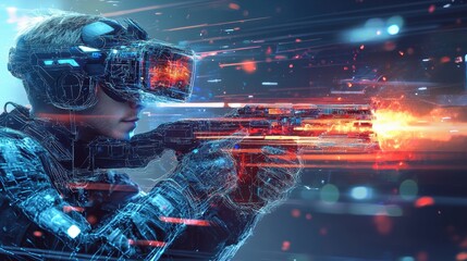 A young caucasian male in a futuristic VR headset aims a digital firearm, surrounded by vibrant virtual effects, conveying a sense of action and advanced technology.