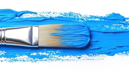Paintbrush applying blue acrylic paint stroke on white canvas background