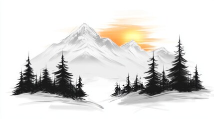 Serene Sunset Over Snowy Mountain Range with Silhouetted Pines