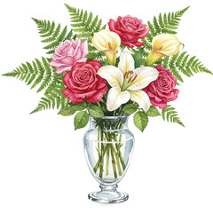 Obraz premium Elegant Watercolor Roses Lilies Calla Lilies in Glass Vase Floral Bouquet Red Art Lily Pink White 