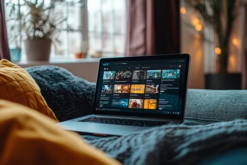 Laptop on a couch, showing a streaming service mockup interface in a relaxed home setting