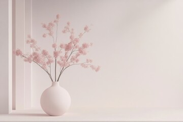 Minimalist arrangement of pink flowers in a ceramic vase, surrounded by soft pastel decor