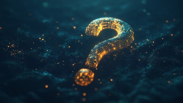 Glowing question mark on dark, textured surface.