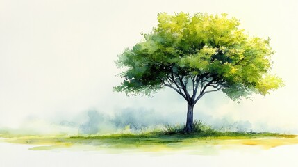 Fototapeta premium Tranquil Landscape with a Solitary Green Tree and Soft Background