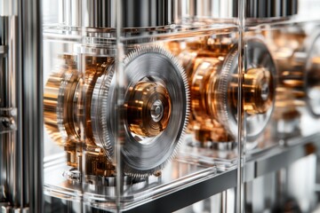 Intricate close up of a flooring machine showcasing gears and hydraulic components in motion