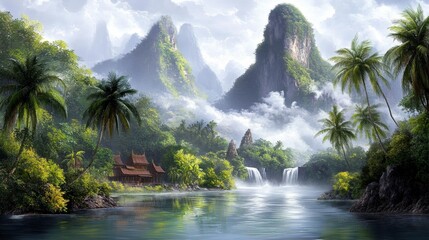 Serene Temple Oasis Amidst Lush Tropical Mountains and Waterfall