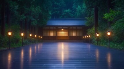 Serene Temple Path Lit by Evening Lanterns in Forest