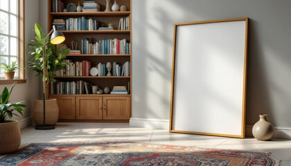 a large bookshelf filled with books, a large empty picture frame, a large window, a floor lamp, and two potted plants. Cozy modern living room with photo frame design