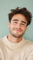 Fototapeta premium Young Caucasian Male Smiling in Cozy Sweater Against Green Background