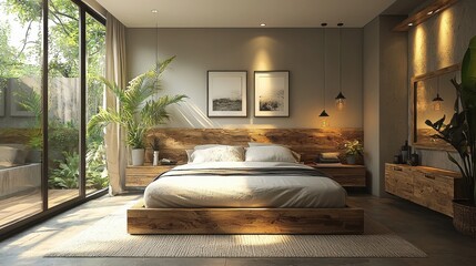 Serene Modern Bedroom with Natural Light, Wooden Elements, Green Plants, Cozy Bed, and Artistic Decor Situated in a Contemporary Home Setting